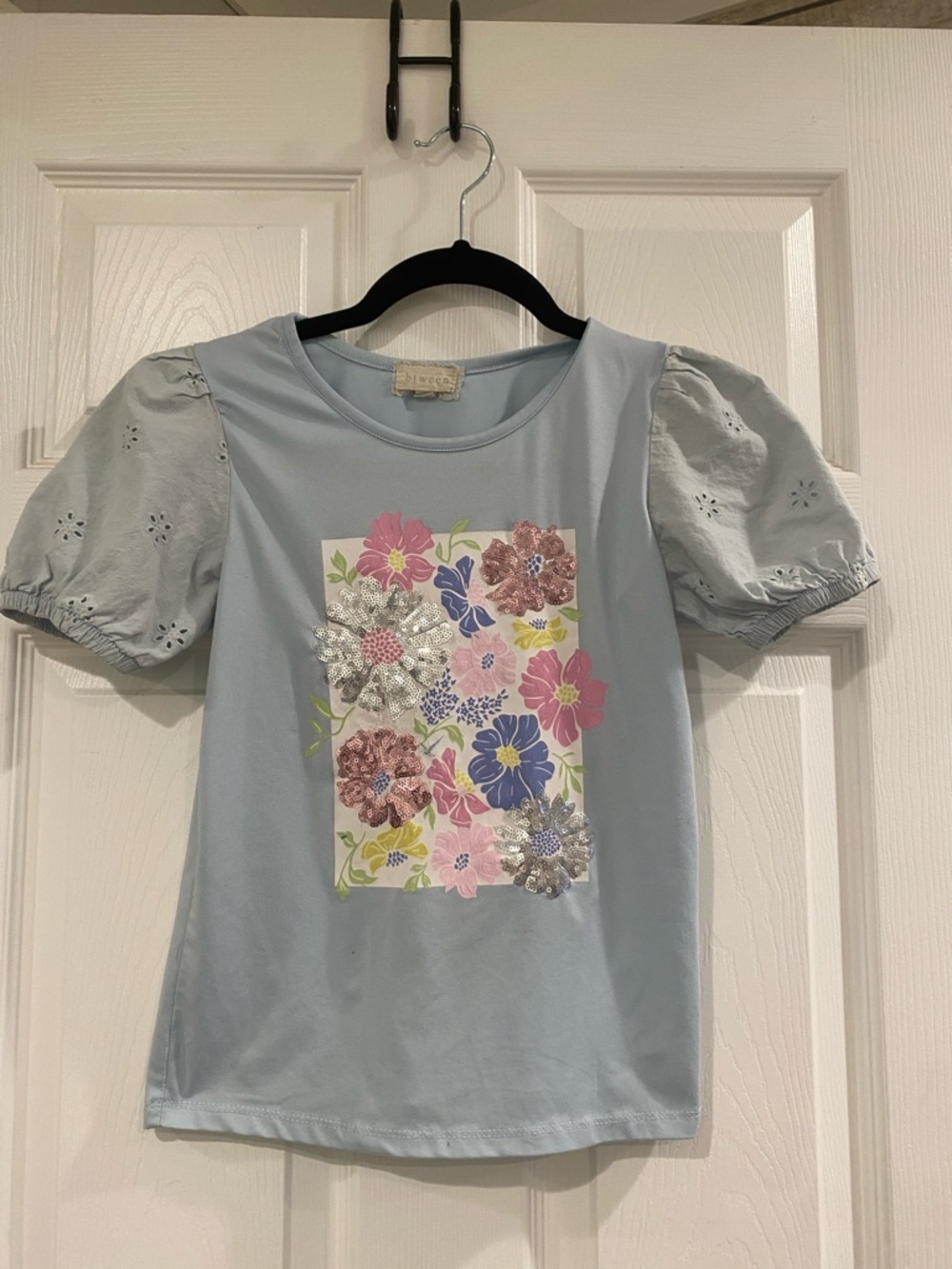 btween Light Blue Floral Puff Sleeve Top